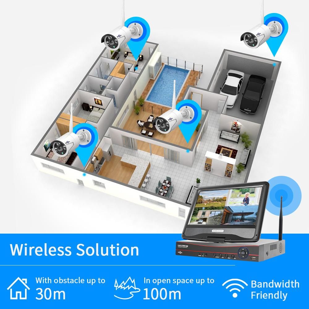 3MP Wireless Security Camera System with 10inch Monitor,8 Channel Video NVR with 4pcs 3MP Outdoor Indoor Home Surveillance IP Camera support Night Vision Motion Detection Remote Access Built-in Microphone,NO Hard Drive