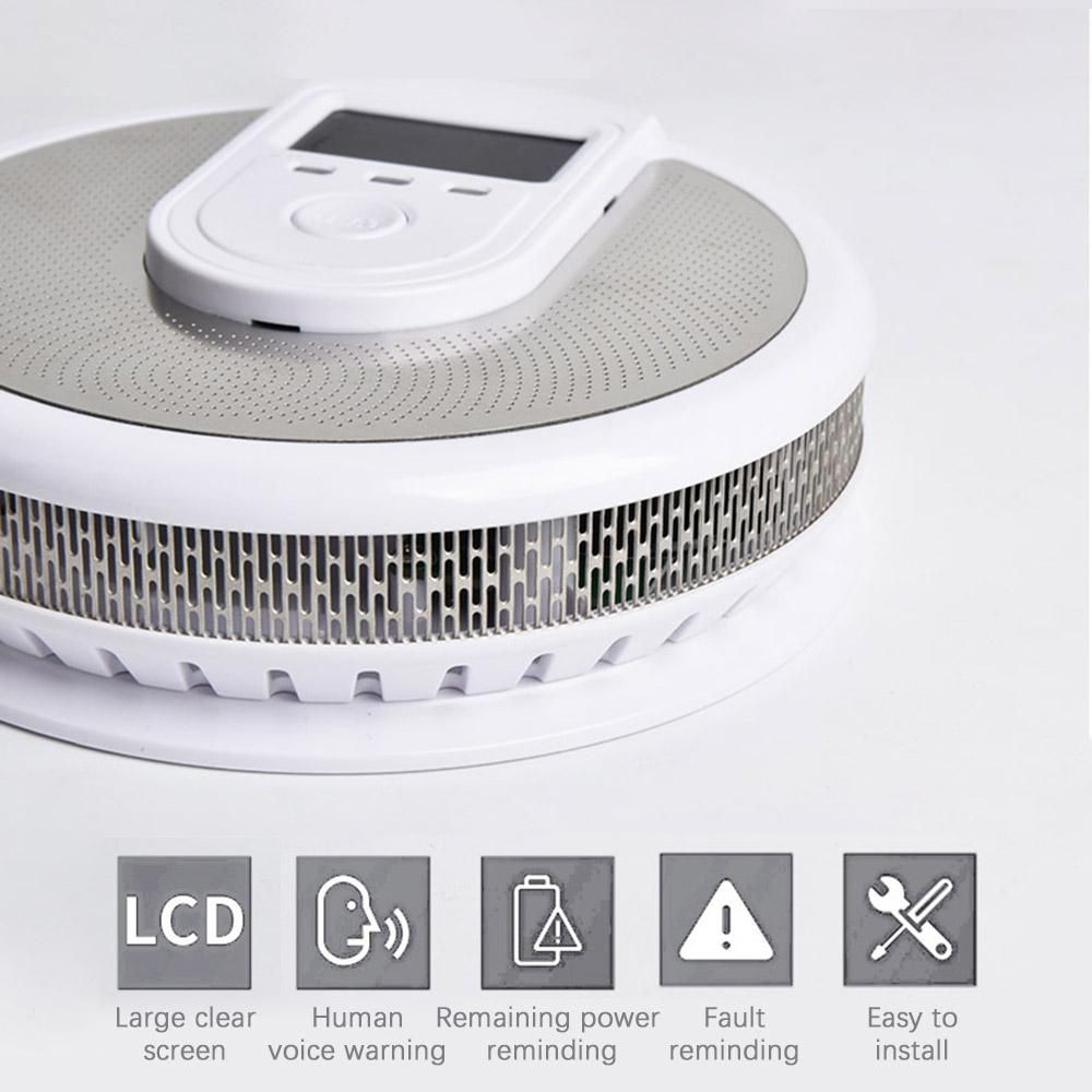 Combination Carbon Monoxide Smoke Detector Battery Operated Smoke CO Detector with LCD Display Human Voice Alarm
