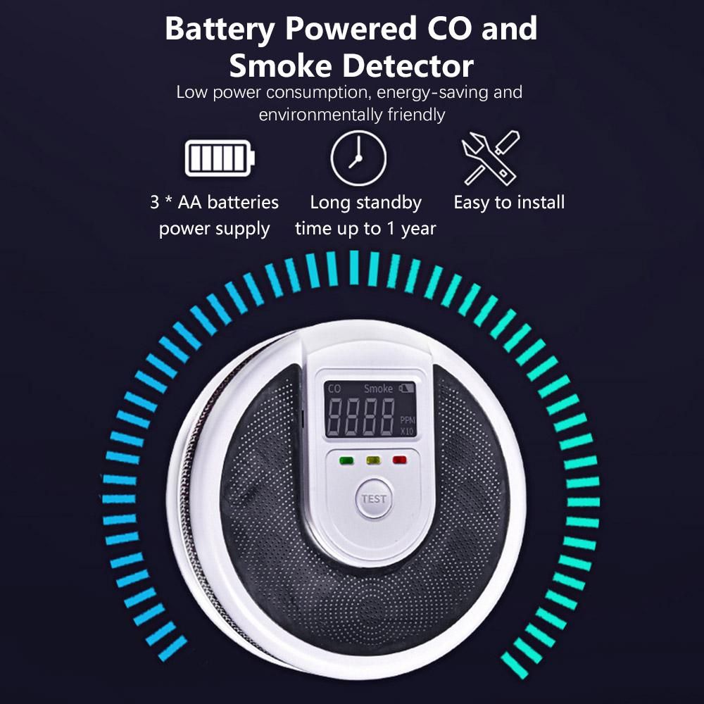 Combination Carbon Monoxide Smoke Detector Battery Operated Smoke CO Detector with LCD Display Human Voice Alarm