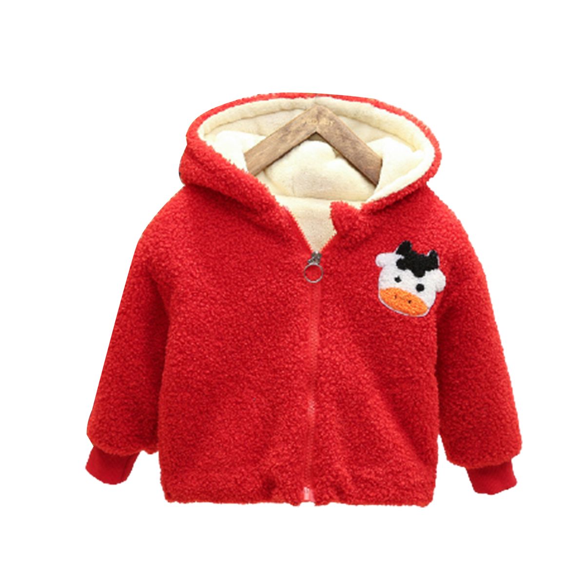 2021 Winter Boys Girls Cartoon Cow Pattern Hooded Zipper-Red
