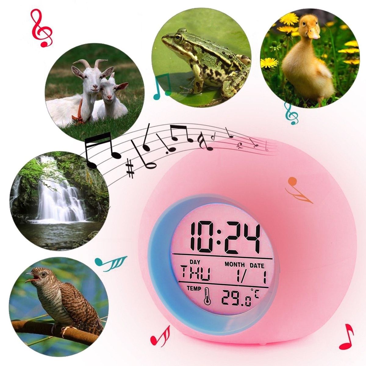 Digital Alarm Clock, 7 Color Night Light, Snooze, Temperature Detect for Kids, Boys and Girls Sleep Timer LED Display, 5 Ringing Tones Options (Blue)
