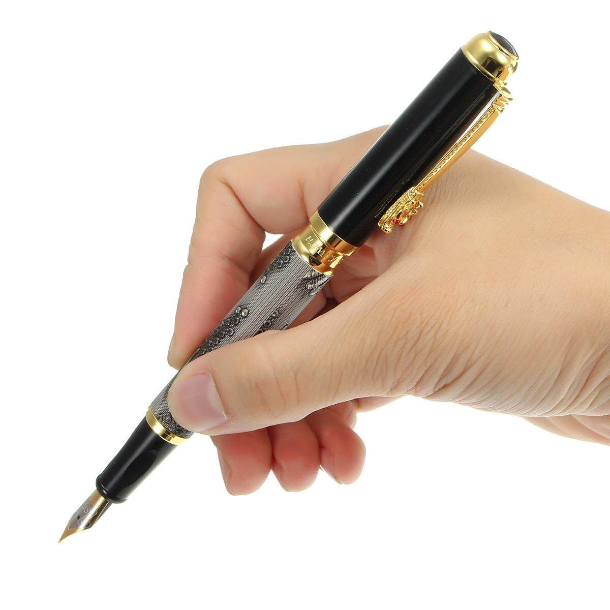Fountain Pen Grey With Gold Dragon Clip Calligraphy Nib Fine Luxury Writing Pen Grey