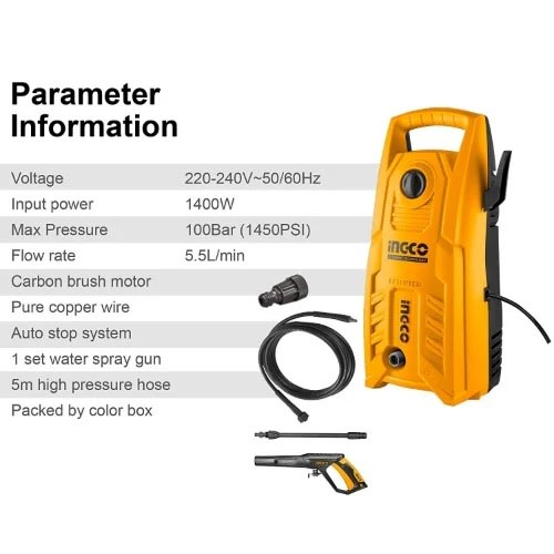 Ingco - High Pressure Washer With Total Stop System - 1400W