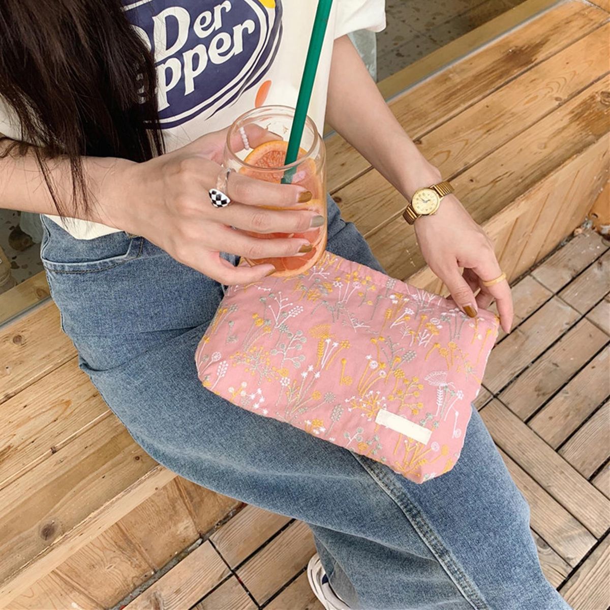 Floral Embroidered Travel Cosmetic Bag Spacious Portable for Makeup Pink