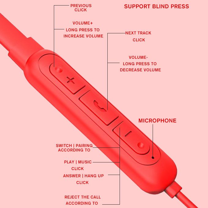 Neck Hanging Wireless Earbud Bluetooth Headset Earphone Red
