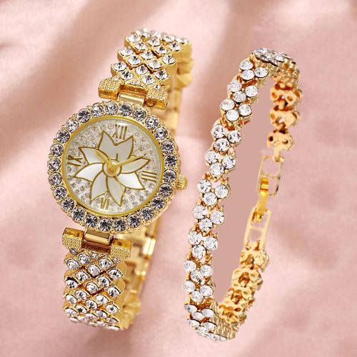 2 In 1 Studded Women Rhinestone Wrist Watch With Bracelet-Gold