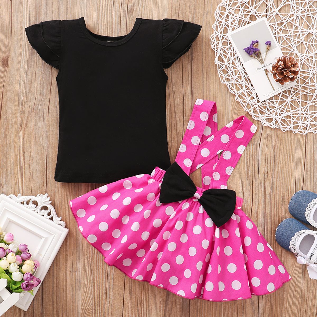 Toddler Baby Girls Cute Outfit Set Short Sleeves Shirt Polka Dot Suspender Skirt