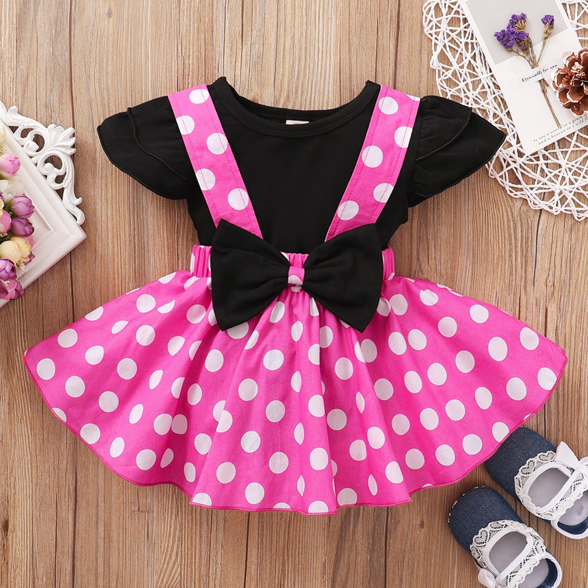Toddler Baby Girls Cute Outfit Set Short Sleeves Shirt Polka Dot Suspender Skirt