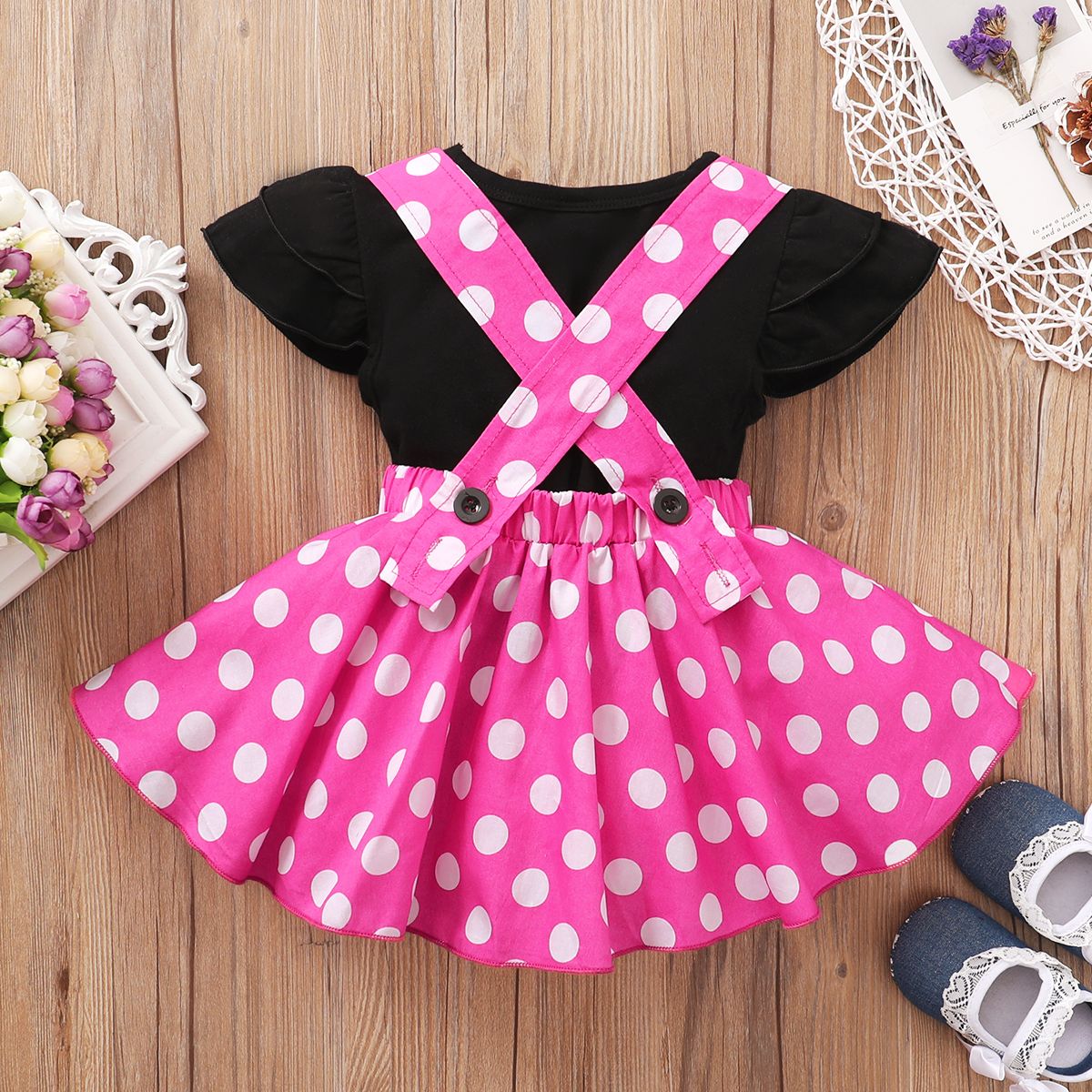 Toddler Baby Girls Cute Outfit Set Short Sleeves Shirt Polka Dot Suspender Skirt