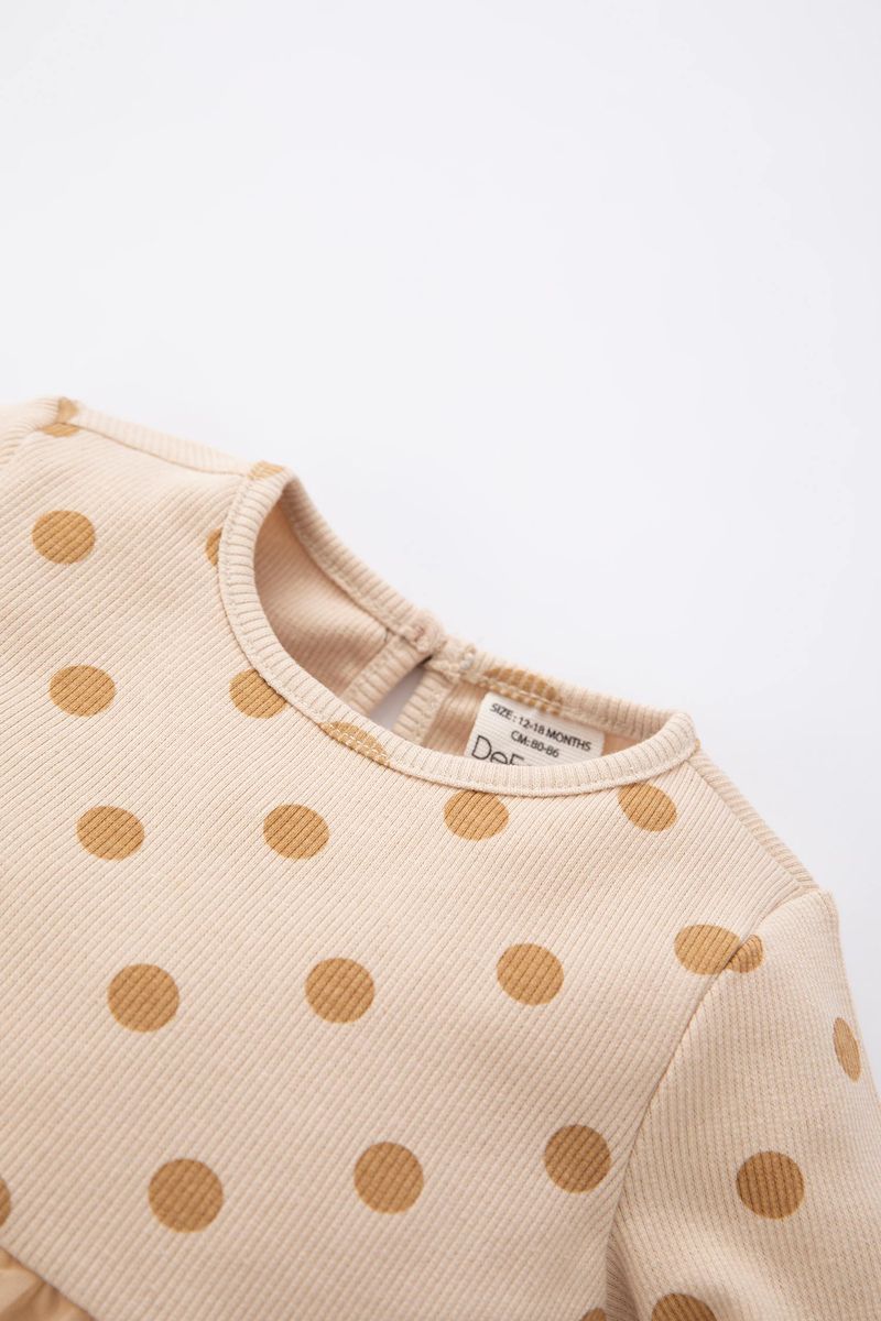 Babygirl Regular Fit Bike Neck Long Sleeve Dress -Beige