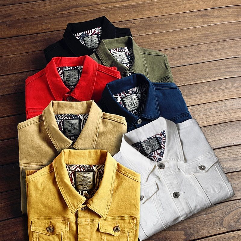 Men's Multi-color Stretch Cotton Denim Skinny Jacket Slim Regular Denim Jacket Classic Retro Lapel Casual Jeans Jacket