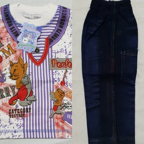 Boys Long Sleeve Round Neck T-Shirt With Jeans Trouser - Purple & Blue