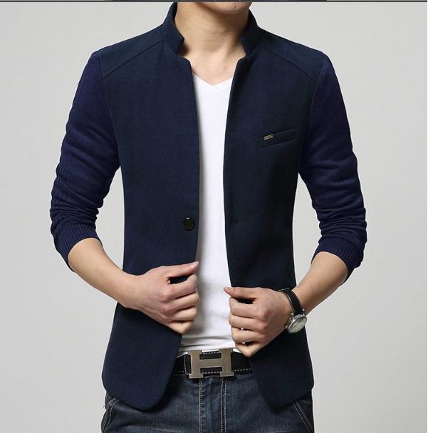 Mens Blazer Patchwork Suits For Men Top Quality Blazers Slim Fit Woolen Outwear Coat Costume Homme Blazer Men-Navy Blue