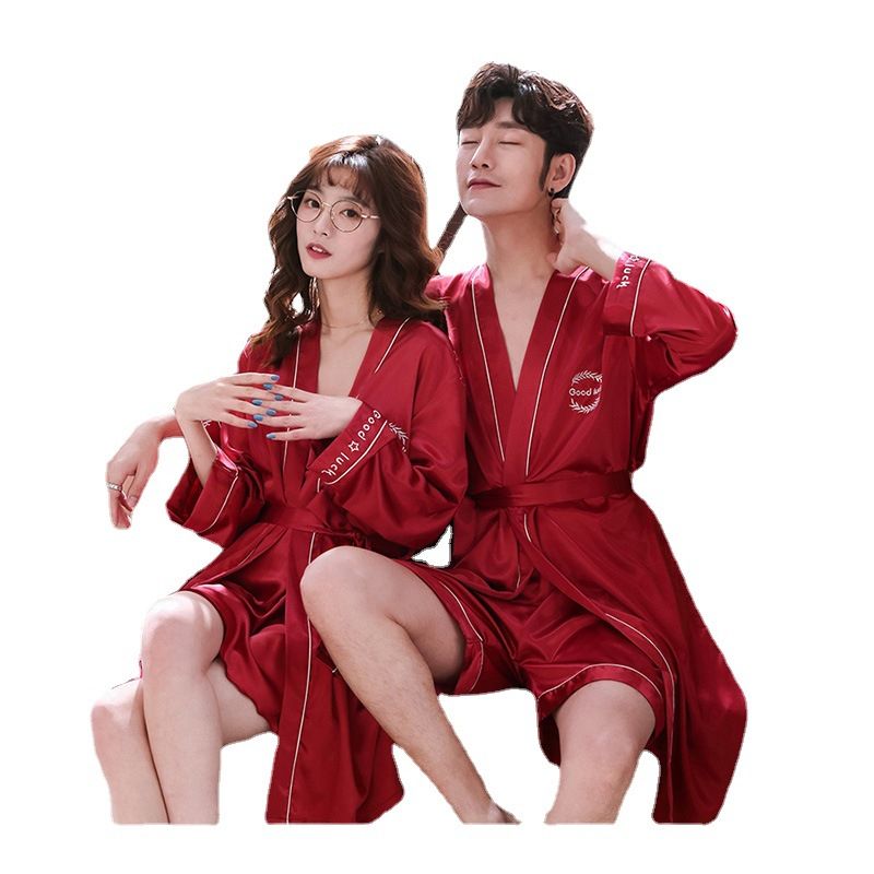 (701 Women Claret)Couple Pajamas Sets Kimono Robe Gown Suit Wedding Sexy Nightdress Sleepwear Casua