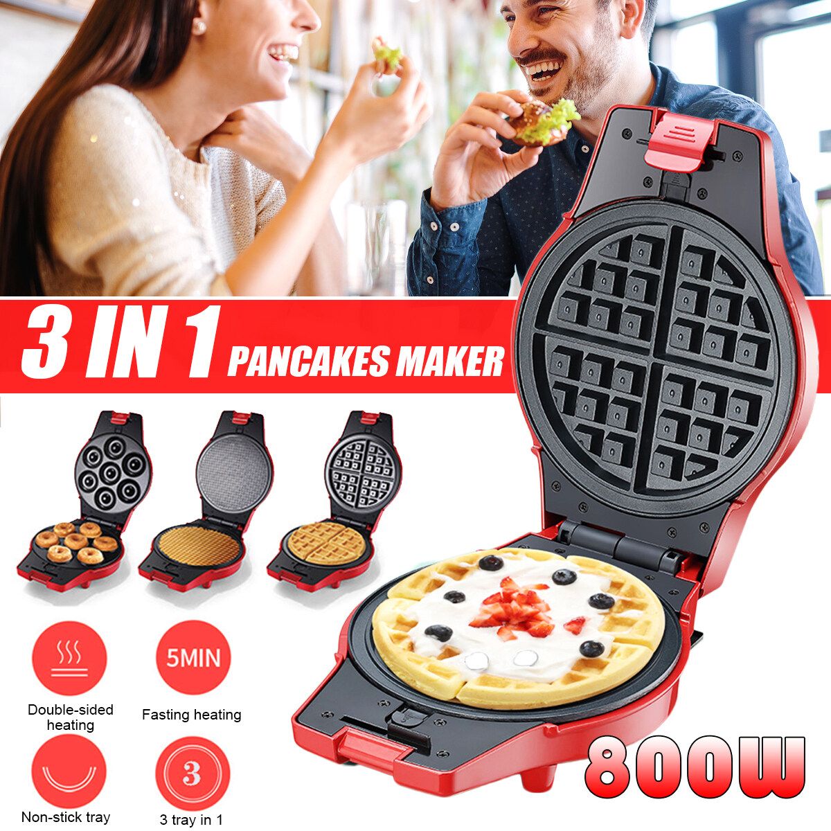 3-in-1 Waffle Maker Electric Crepe Doughnut Maker Non-Stick Breakfast Egg Roll Machine DIY Ice Cone Baking Pan Grill Cake Oven