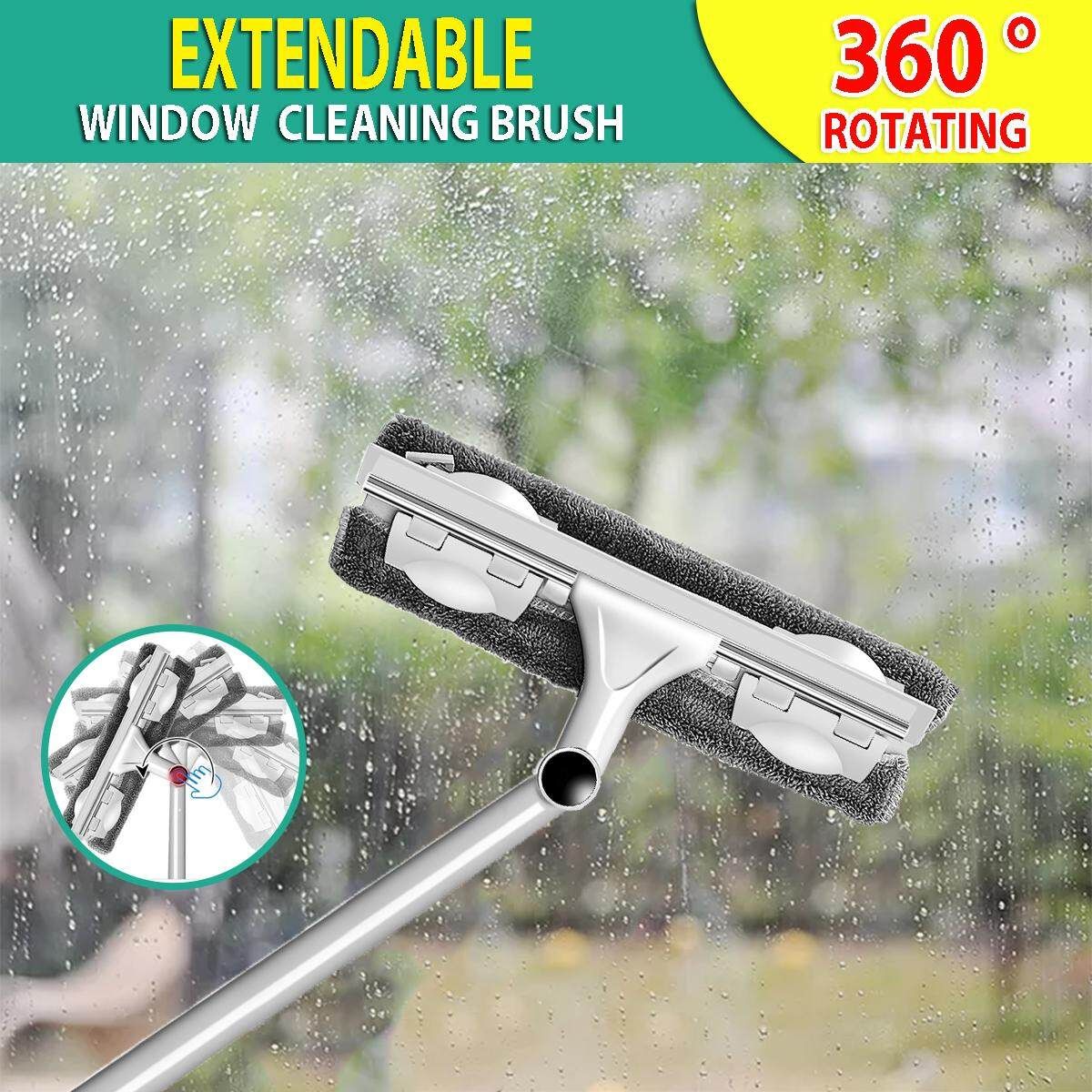Long Handle Cleaning Brush Window Cleaner Glass Rubber Wiper Squeegee Telescopic Rod Rotating Head With Cleaning Cloth White