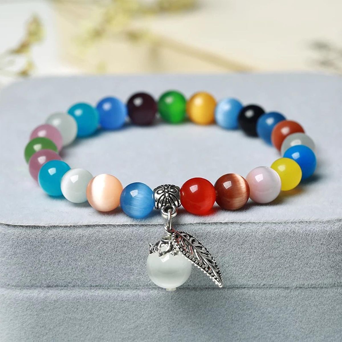 Cat'S Eye Opal Bracelet Stretch Gemstone Natural Crystal Multicolor