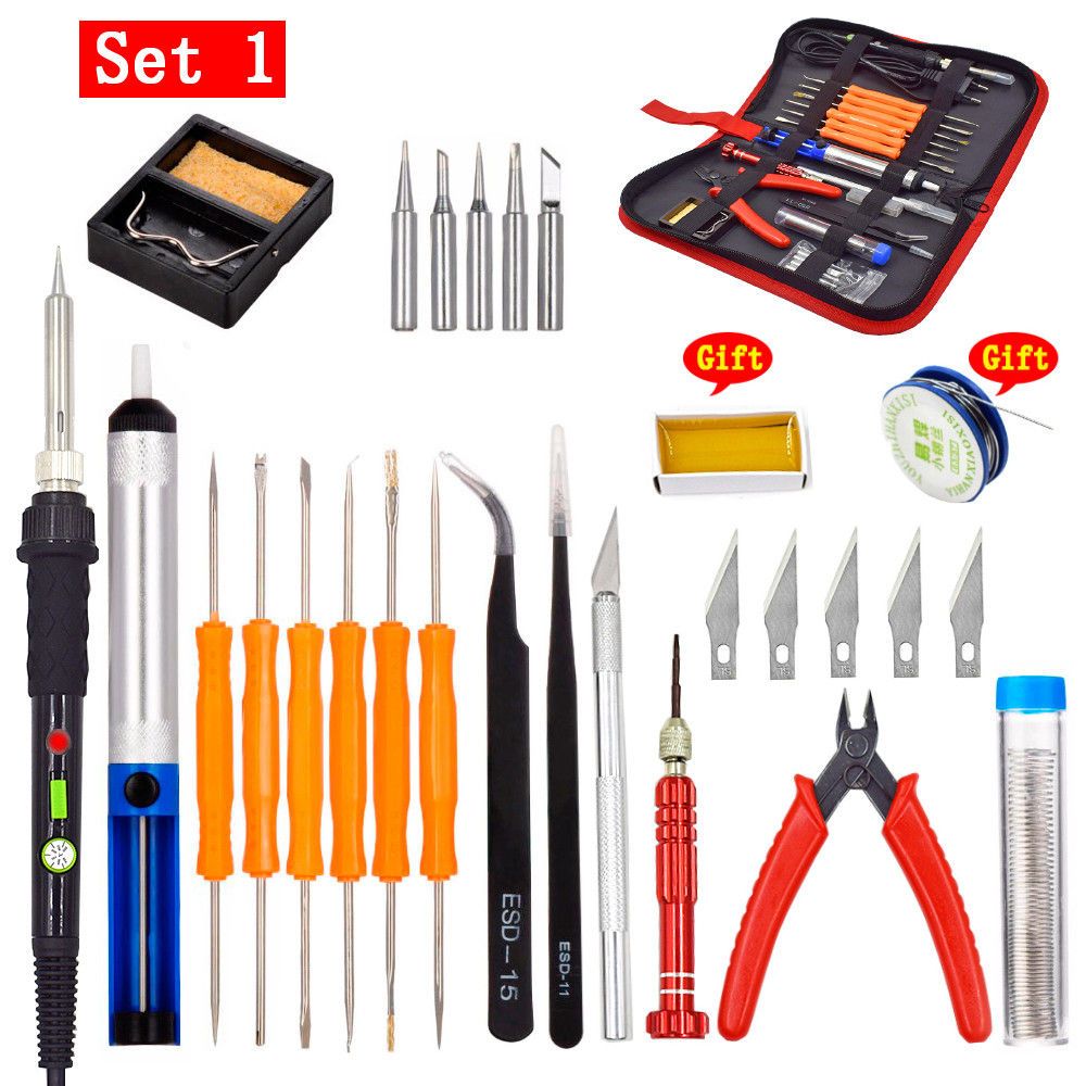 60W Temperature Adjustable Electric Soldering Iron Kit Desoldering Pump Tin Wire Welding Tools Storage Bag