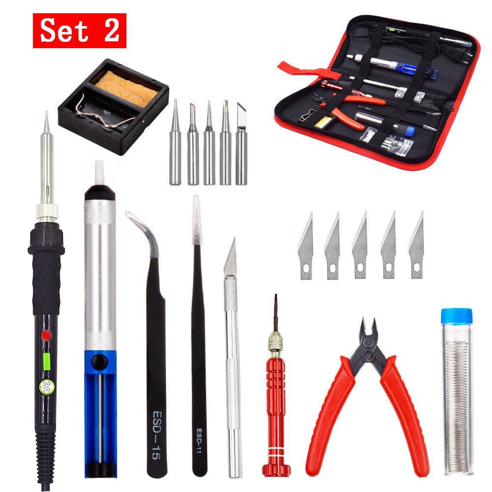 60W Temperature Adjustable Electric Soldering Iron Kit Desoldering Pump Tin Wire Welding Tools Storage Bag