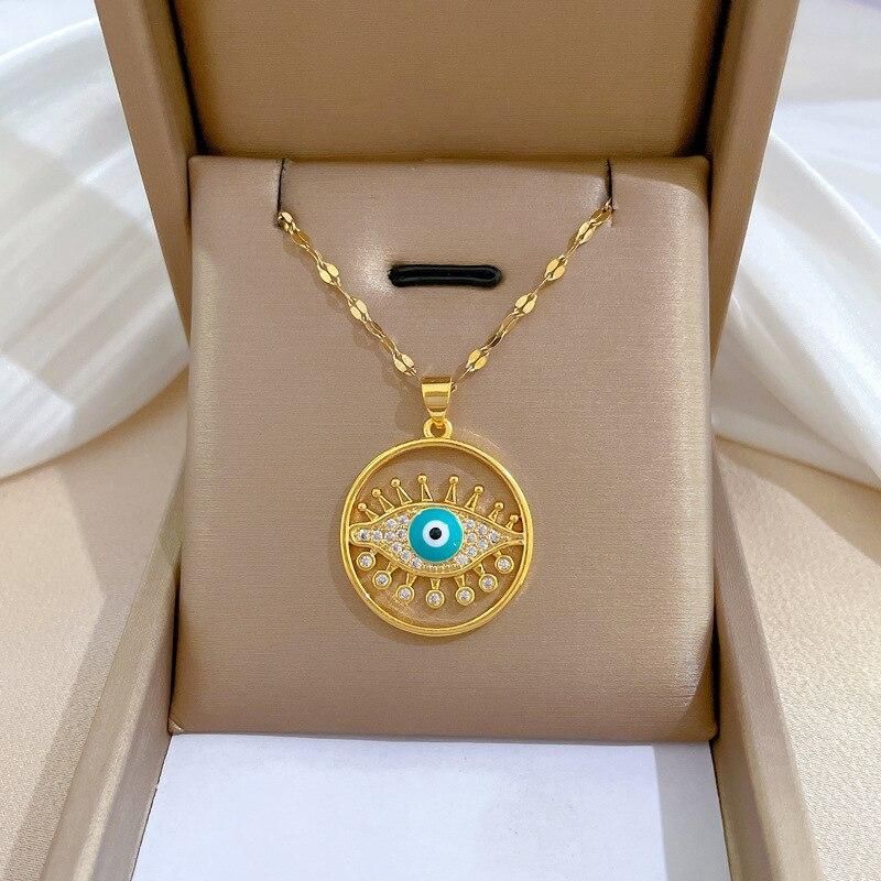 Flashbuy Exquisite 316L Stainless Steel Rhinestone Heart Evil Eye Pendant Necklace For Women Fashion Girls Charm On Neck Jewelry
