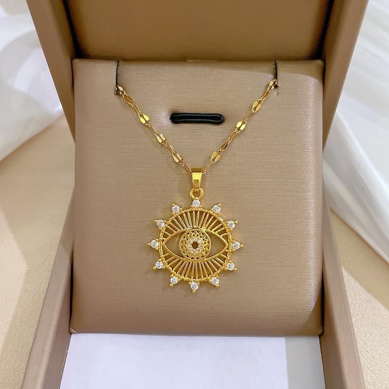 Flashbuy Exquisite 316L Stainless Steel Rhinestone Heart Evil Eye Pendant Necklace For Women Fashion Girls Charm On Neck Jewelry