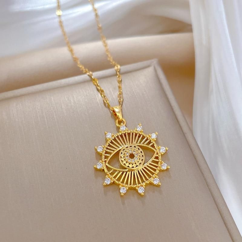 Flashbuy Exquisite 316L Stainless Steel Rhinestone Heart Evil Eye Pendant Necklace For Women Fashion Girls Charm On Neck Jewelry