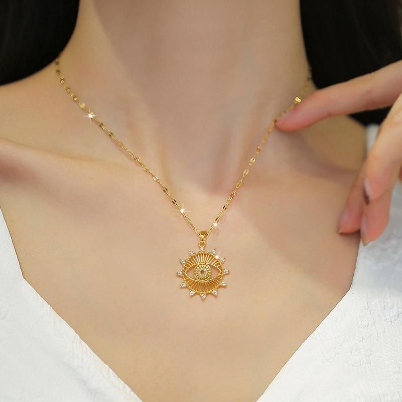 Flashbuy Exquisite 316L Stainless Steel Rhinestone Heart Evil Eye Pendant Necklace For Women Fashion Girls Charm On Neck Jewelry