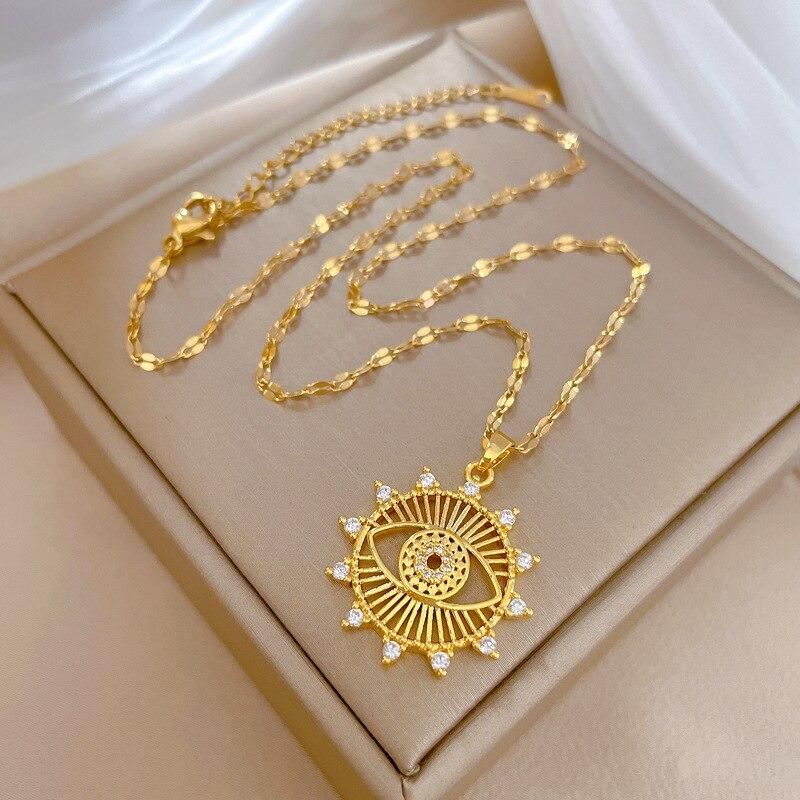 Flashbuy Exquisite 316L Stainless Steel Rhinestone Heart Evil Eye Pendant Necklace For Women Fashion Girls Charm On Neck Jewelry