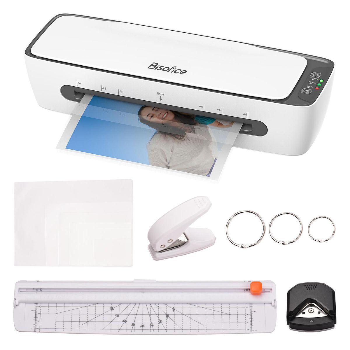 Bisofice SL688 Desktop Laminator Machine Set A4 Size Multifunctional Hot and Cold Lamination 2 Roller System 9 inches Max Width with Paper Cutter Trimmer Rounder Hole Puncher Binding Hoop Suitabe for A4/A5/A6 Laminating Pouch