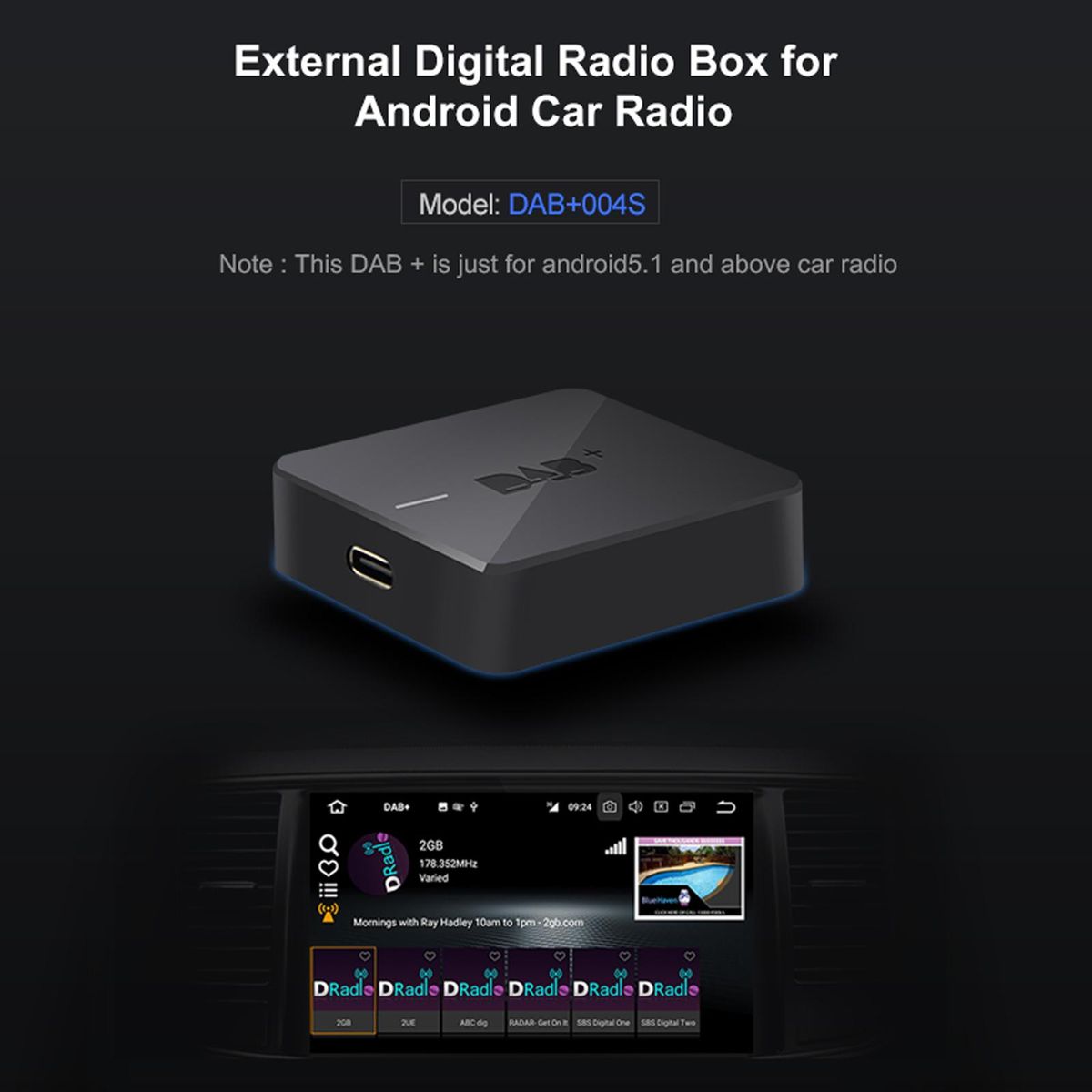 DAB+ 004S DAB Box Digital Radio Antenna Tuner FM Transmission Type-C Powered for Car Radio Android 5.1 and Above (Only for Countries that have DAB Signal)