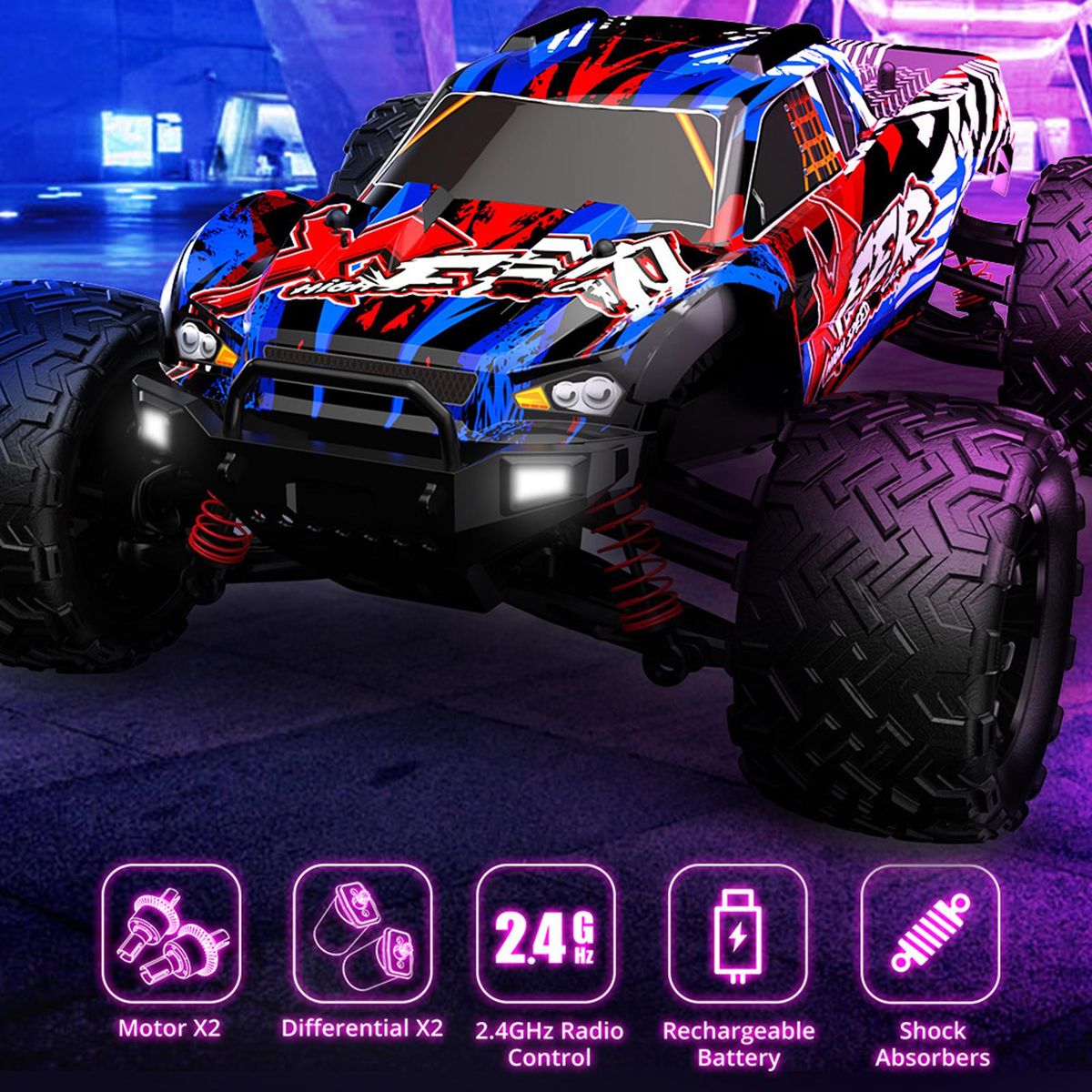 Remote Control Car 1/16 2.4GHz 40km/h All Terrain Off Road Trucks 4WD Climbing Car Gifts Full Scale for Kids Adults 2 Battery