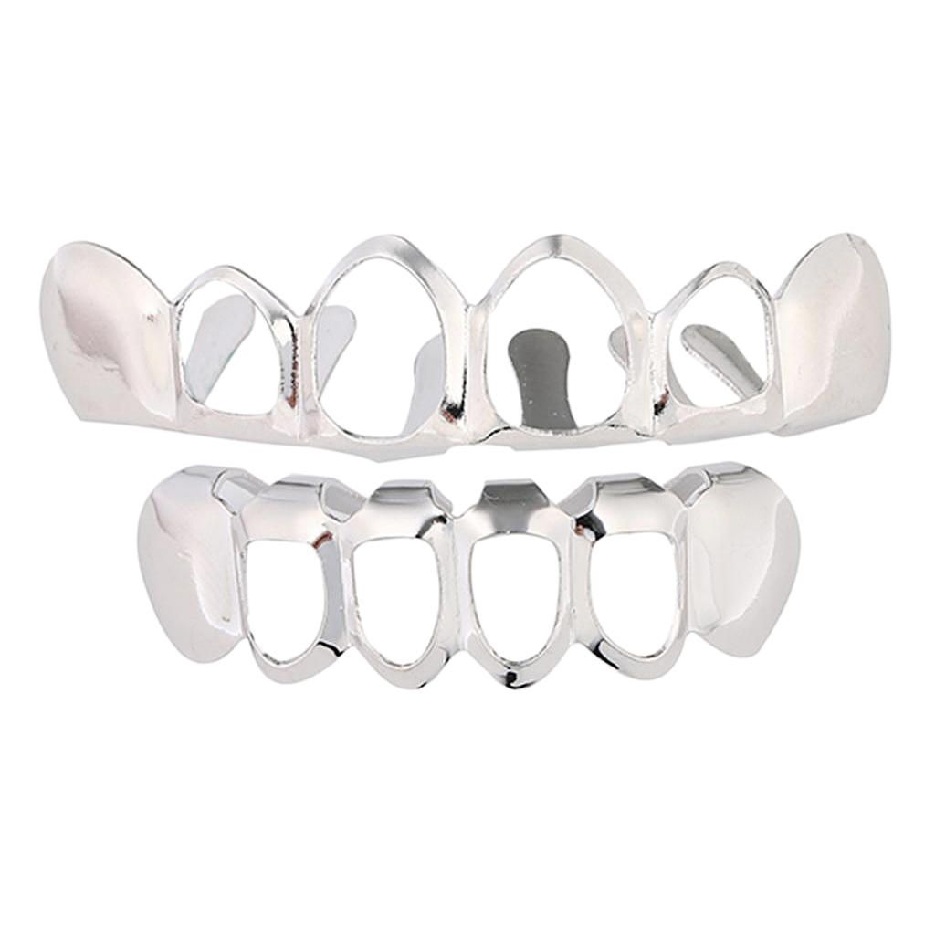 18K Grills 6 Fang Top & Bottom Teeth Grill Set Halloween Silver