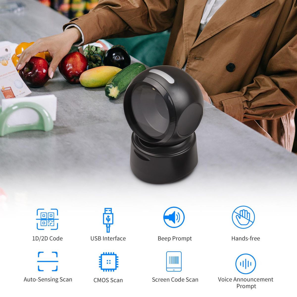 1D 2D QR Desktop Wired Barcode Scanner Platform Hands-Free Automatic Sense Reader USB RS232 Serial Port Plug&Play Compatible with Window Android System Image CMOS Sensor Suitable for Supermarket Retail Shop Grocery Store Ware