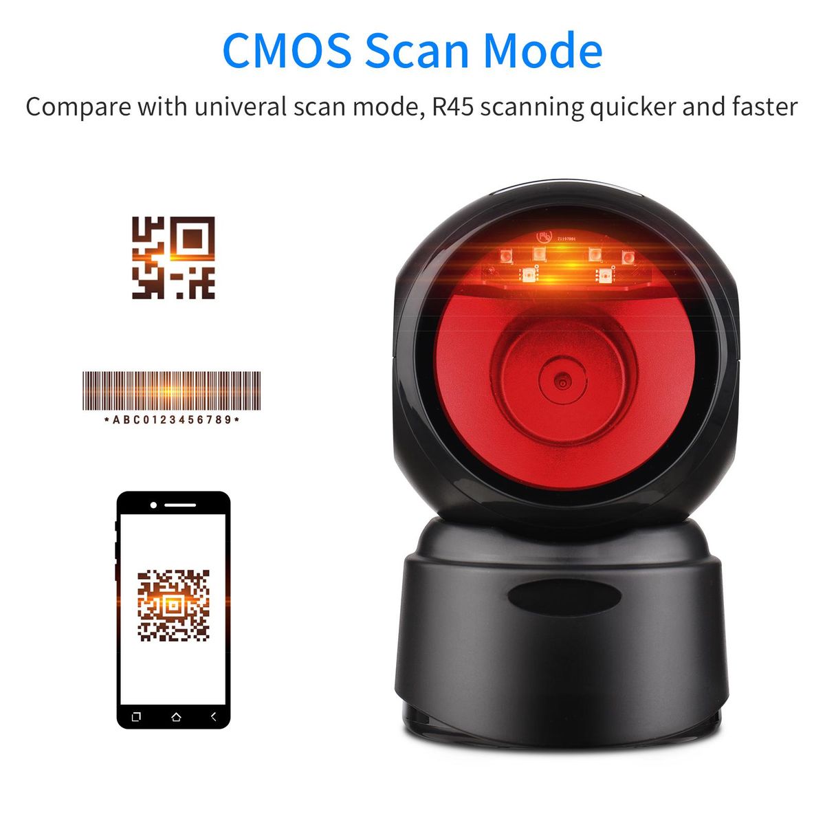 1D 2D QR Desktop Wired Barcode Scanner Platform Hands-Free Automatic Sense Reader USB RS232 Serial Port Plug&Play Compatible with Window Android System Image CMOS Sensor Suitable for Supermarket Retail Shop Grocery Store Ware