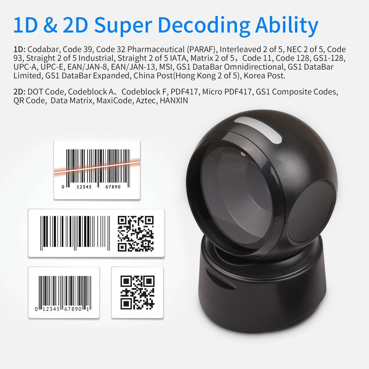 1D 2D QR Desktop Wired Barcode Scanner Platform Hands-Free Automatic Sense Reader USB RS232 Serial Port Plug&Play Compatible with Window Android System Image CMOS Sensor Suitable for Supermarket Retail Shop Grocery Store Ware