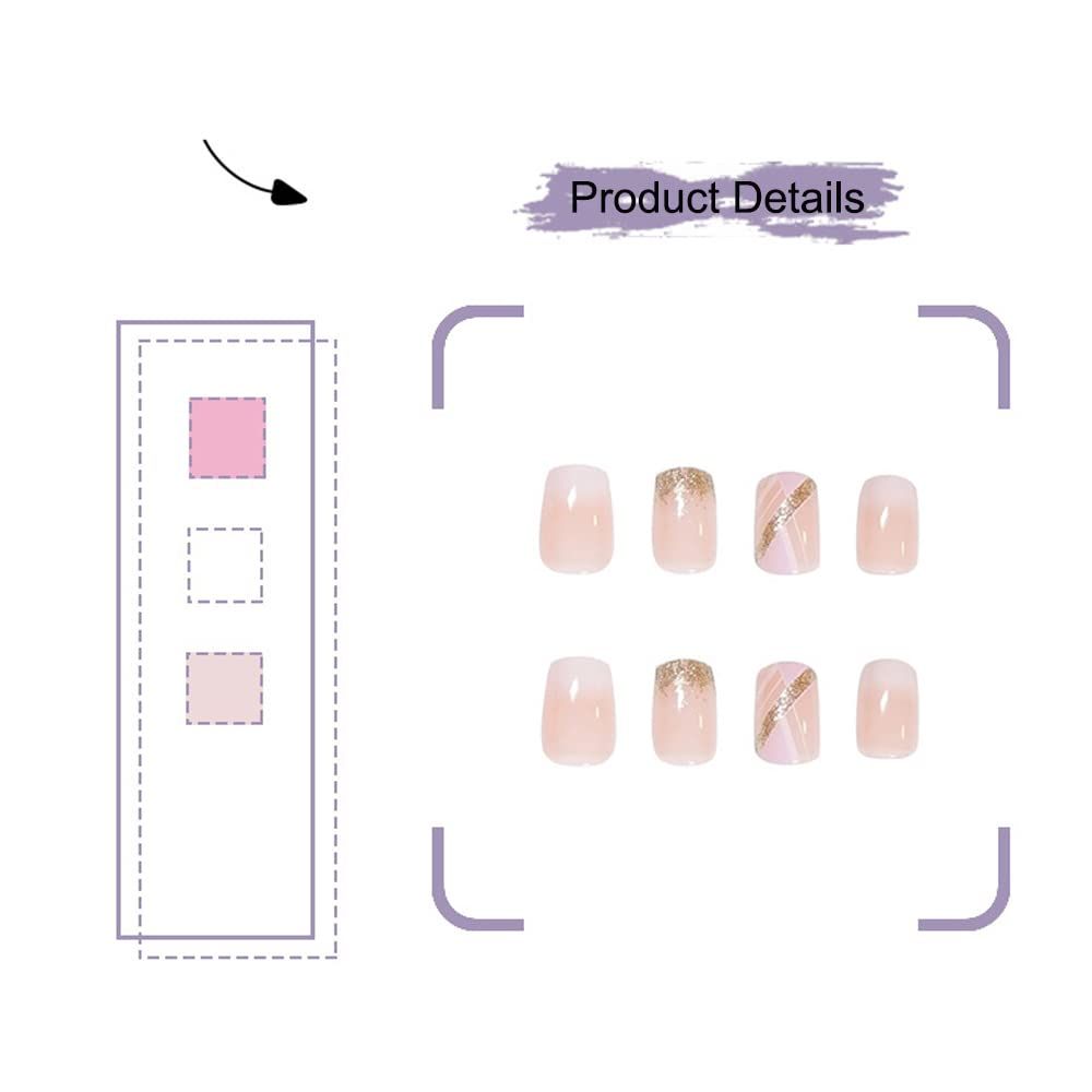 24Pcs Press On Nails Short French Tips Nails Glossy Fake Nails With Pink Square Shape Design