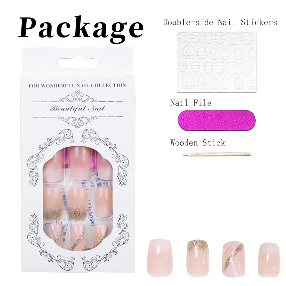24Pcs Press On Nails Short French Tips Nails Glossy Fake Nails With Pink Square Shape Design