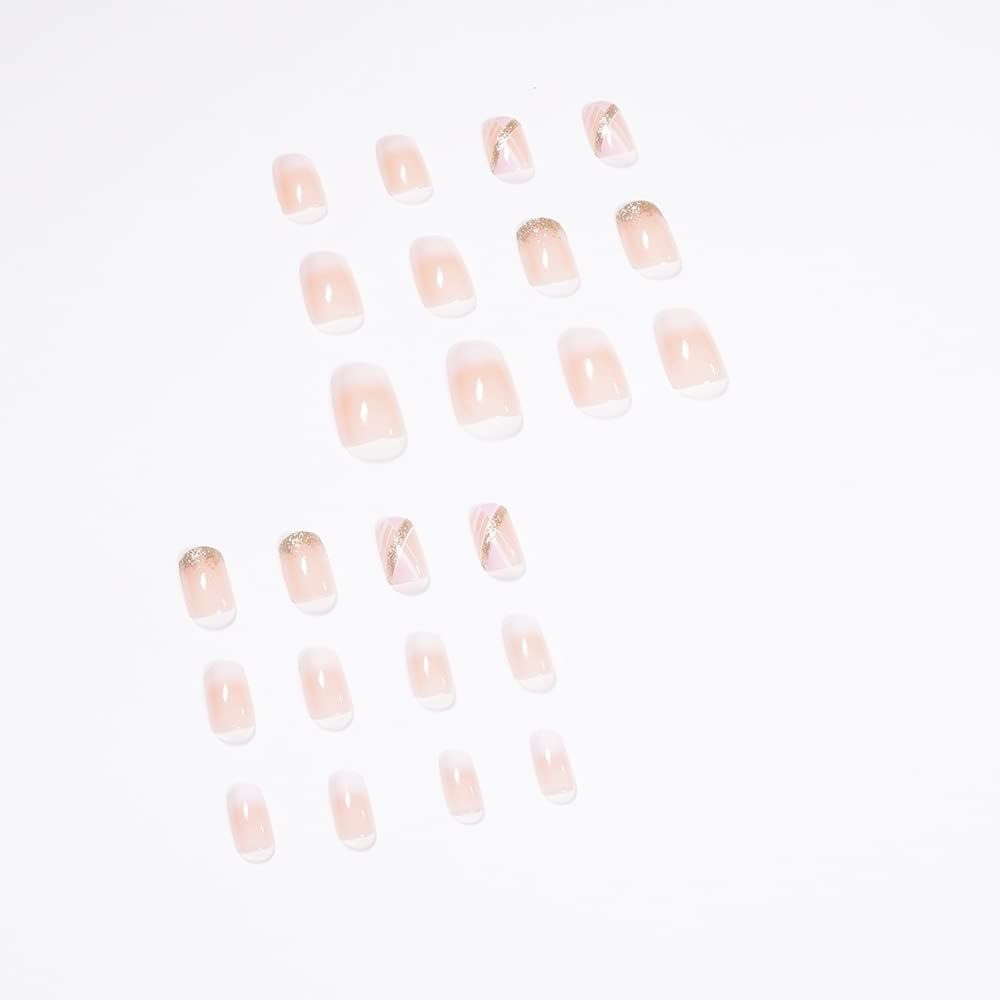 24Pcs Press On Nails Short French Tips Nails Glossy Fake Nails With Pink Square Shape Design