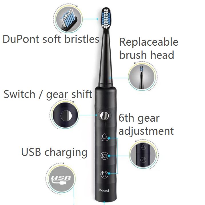 Electric Toothbrushes Whitening With 3 Brush Heads - BLACK