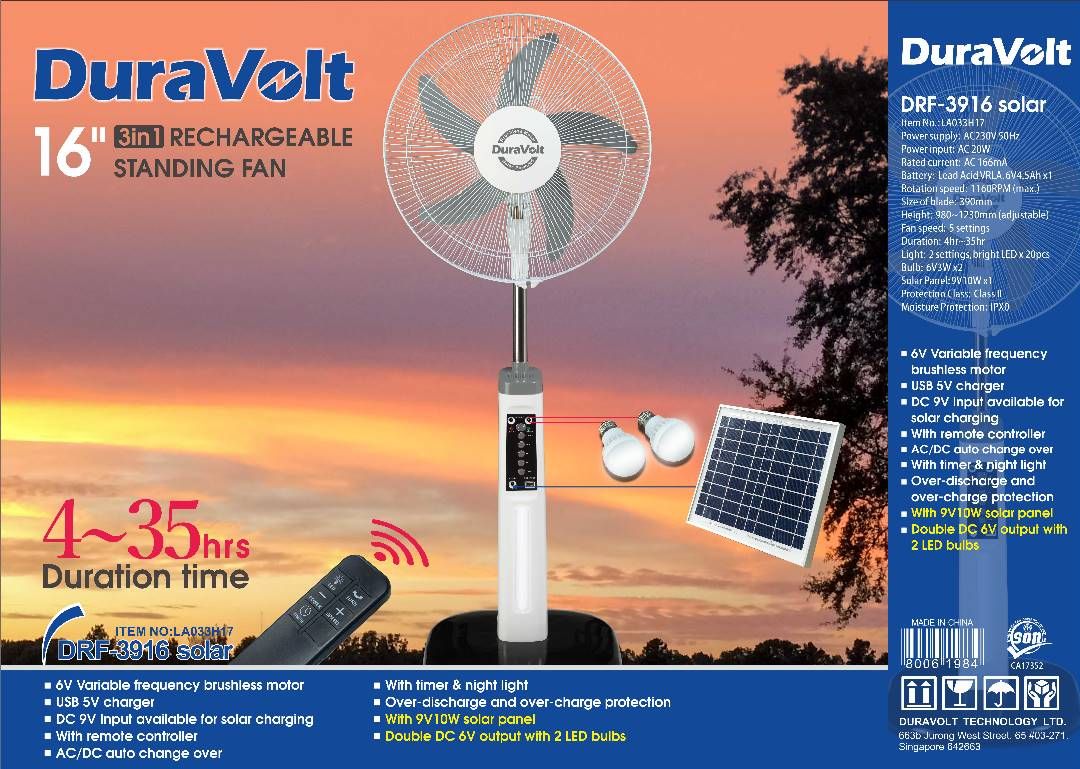 16 Inches -3 In 1 Rechargeable Fan +Solar Panel + 2-Bulbs