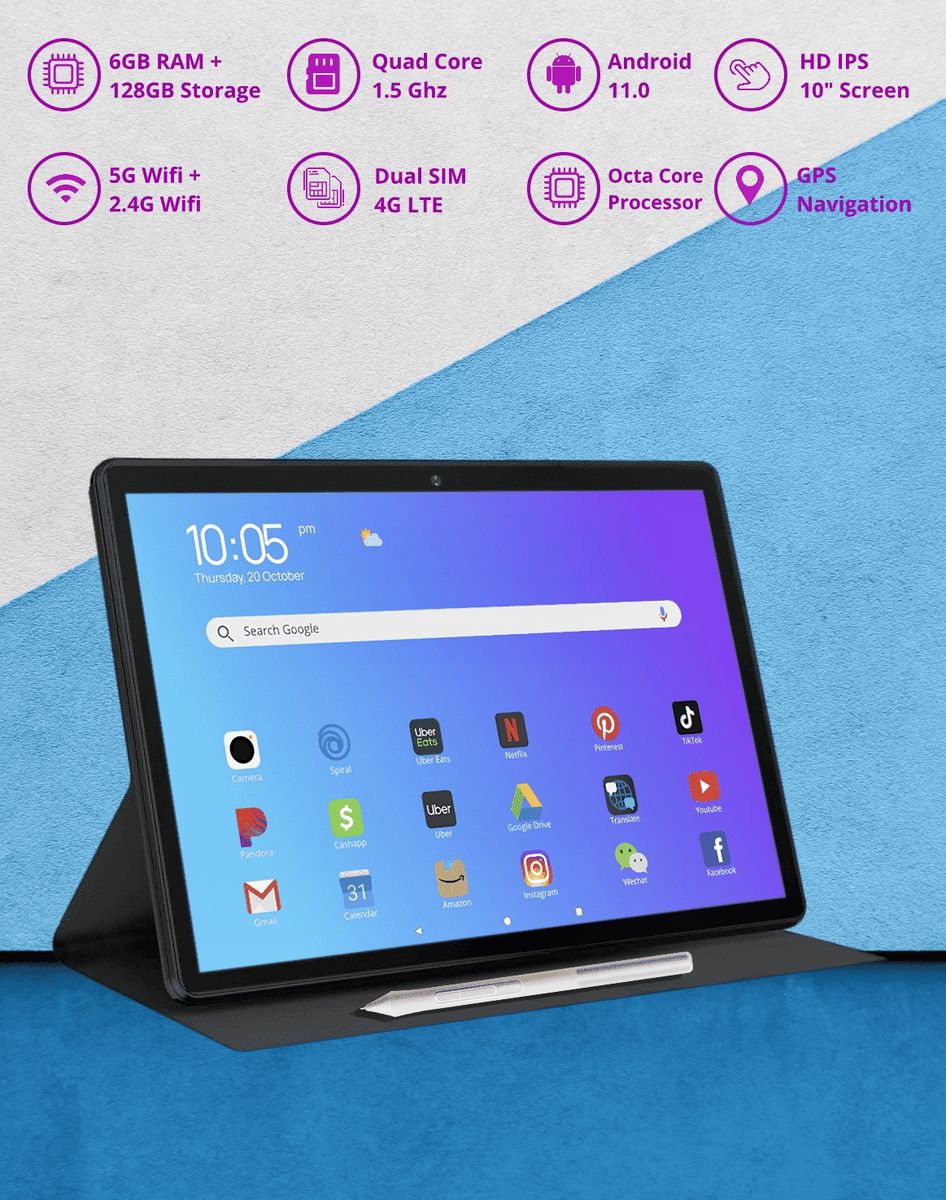 ​MatrixPad Ultra Slim 10.1" 6GB 128GB 64bit 4GLTE 5G Wifi HD IPS Dual SIM GPS Android 11 Tablet PC