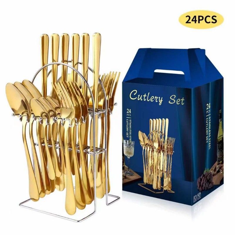 Gold Stainless Steel Spoons & Forks With RACK