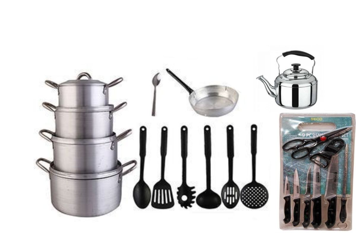 Economy Kitchen Bundle- 4 Set Pots, 1 Kettle, 1 Frying Pan, 1 Set Non-stick Frying Spoon, 1 Small Knife Set And 1 Set Of Table Spoon