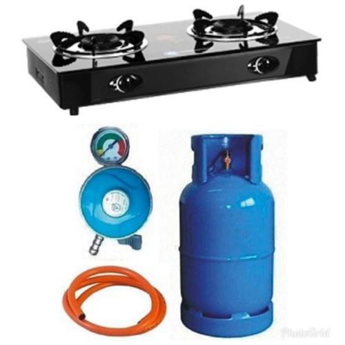 QUALITY 12.5KG GAS CYLINDER+2 BURNER GLASS COOKER