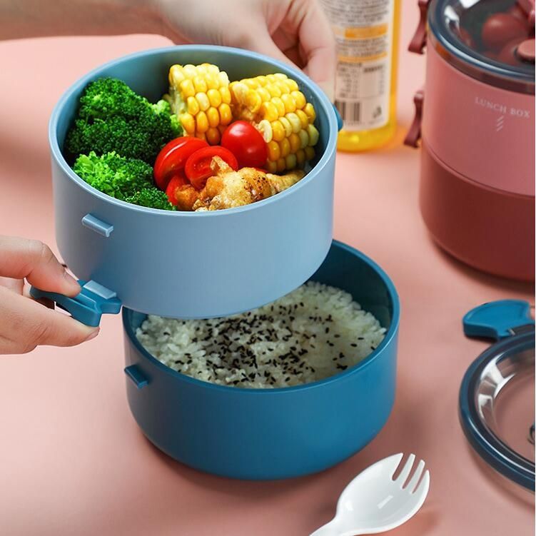 Round Portable Insulation Partitioned Lunch Box Student Office Workers Heated Microwave Oven Bento Box, Style:Double Layer(Red)