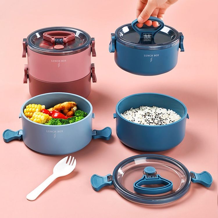 Round Portable Insulation Partitioned Lunch Box Student Office Workers Heated Microwave Oven Bento Box, Style:Double Layer(Red)