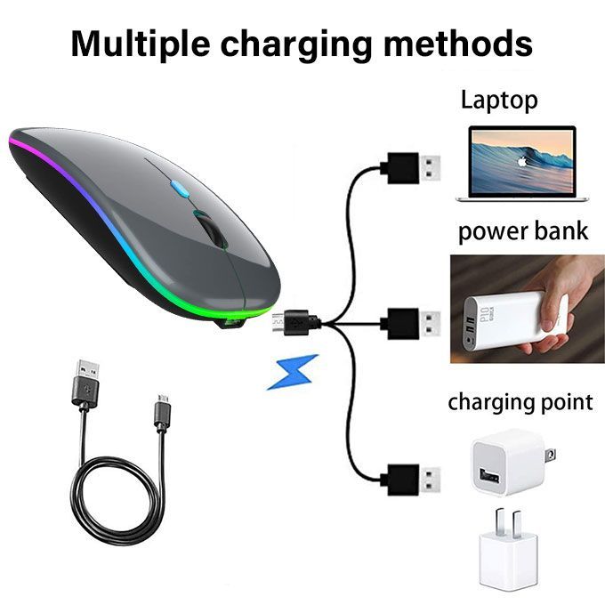 Bluetooth Wireless Mouse Led Rechargeable Gaming Mice- Gray