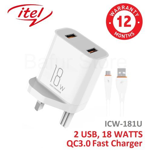 18Watts 2 USB Port, QC3.0 Fast Charger - White