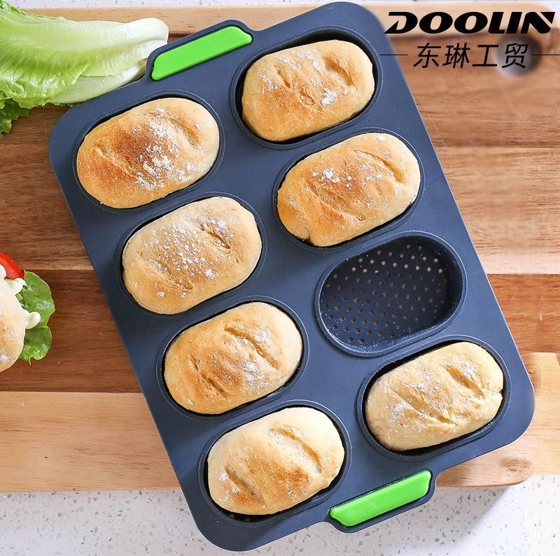 Food grade oval cake mold silicone 8 grid even French bread baking non-stick household silicone cake dark gray