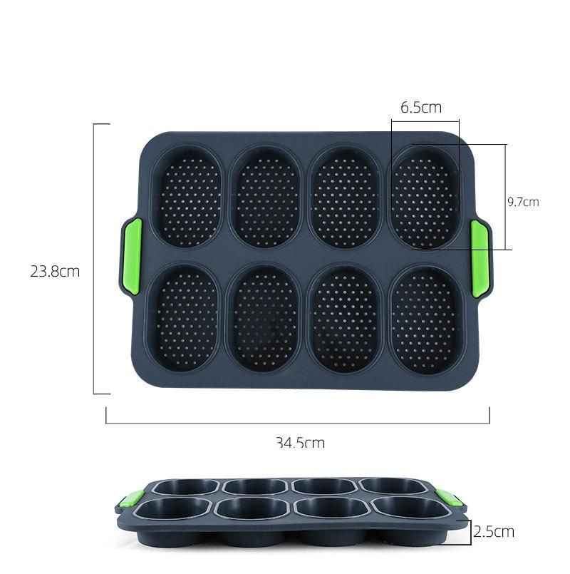 Food grade oval cake mold silicone 8 grid even French bread baking non-stick household silicone cake dark gray